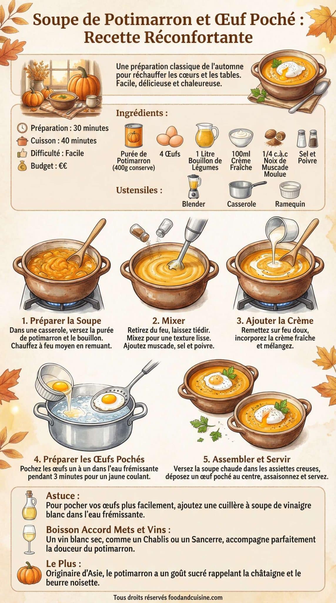 Fiche recette Soupe de potimarron et &oelig;uf poch&eacute; : recette r&eacute;confortante
