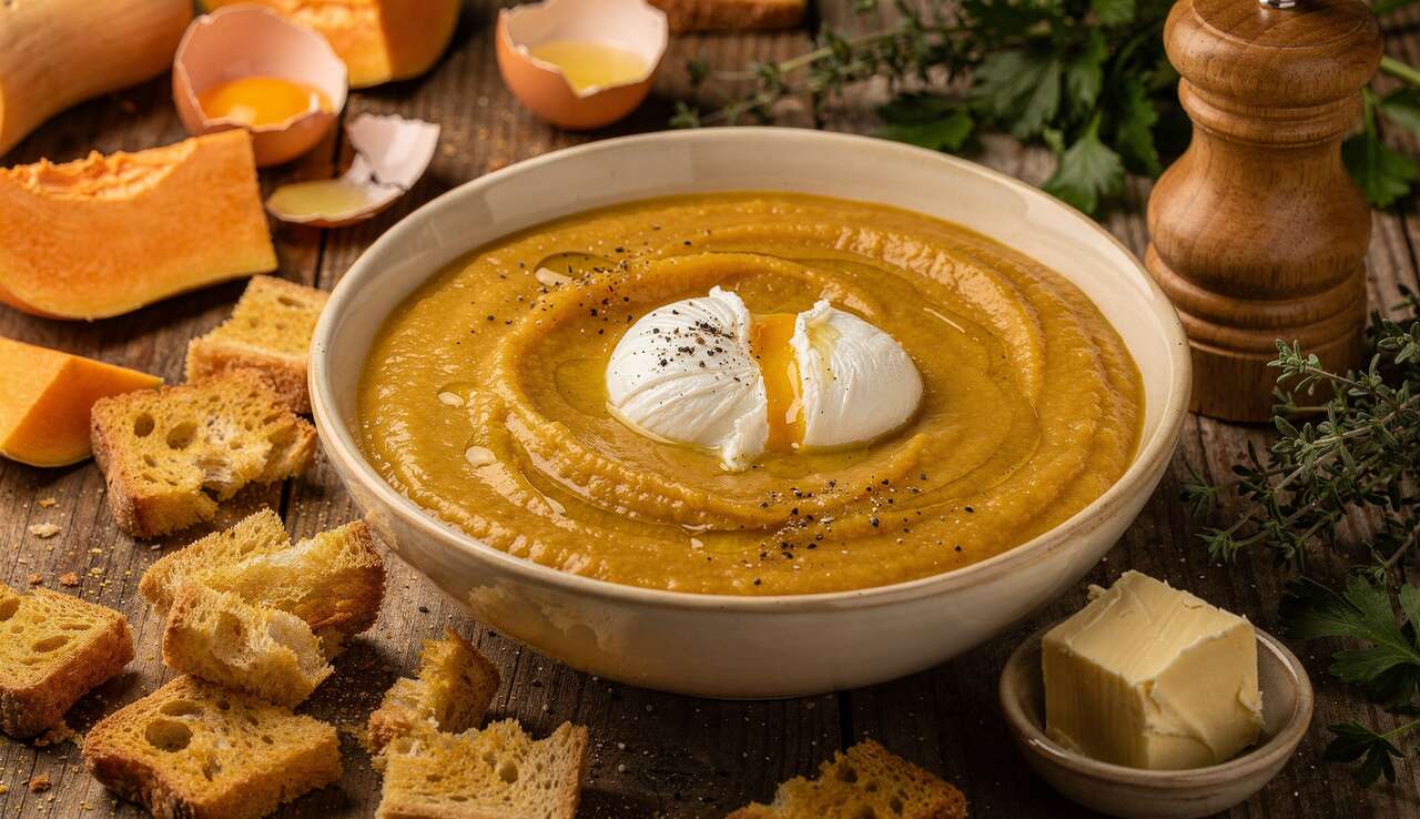Soupe butternut, œuf poché et croûtons maison : recette gourmande
