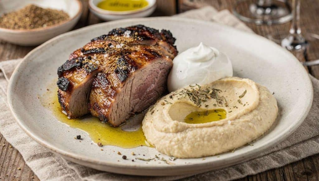 Agneau mariné au cumin et houmous : recette savoureuse