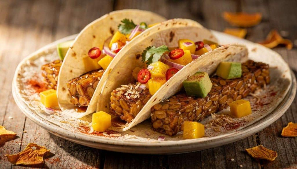 Recette de tacos de tempeh mariné avec salsa de mangue