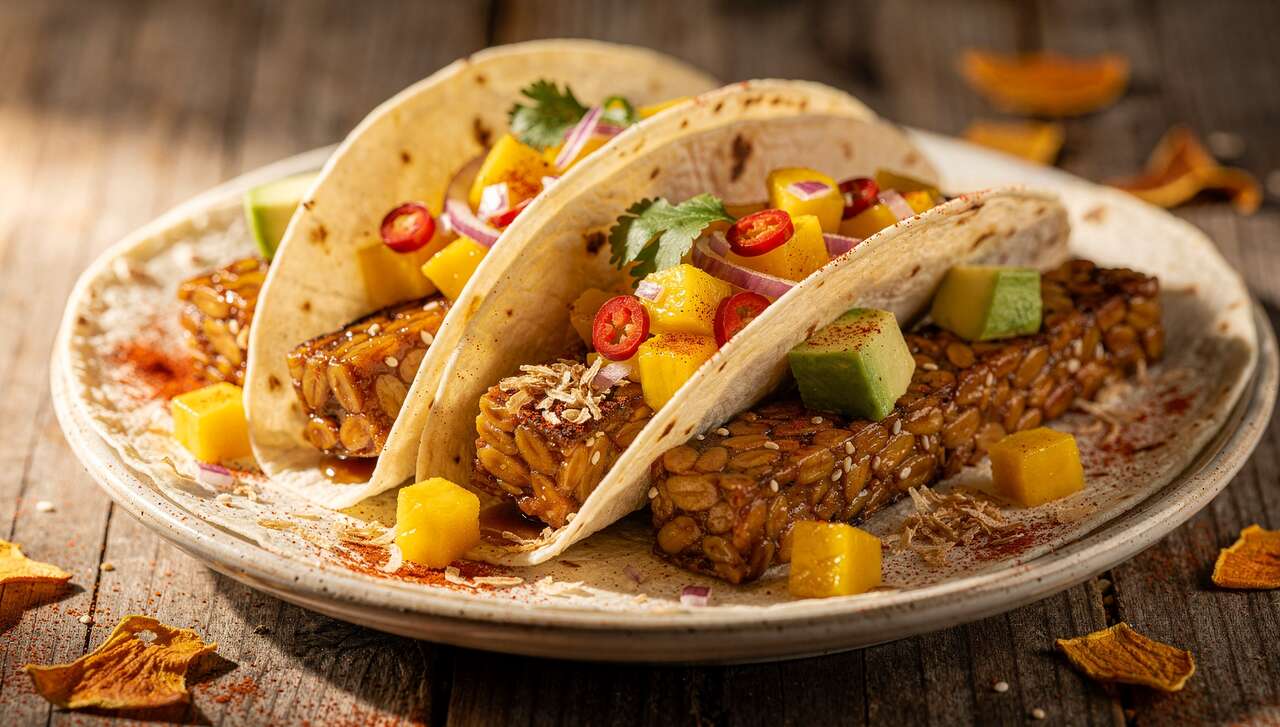 Recette de tacos de tempeh mariné avec salsa de mangue