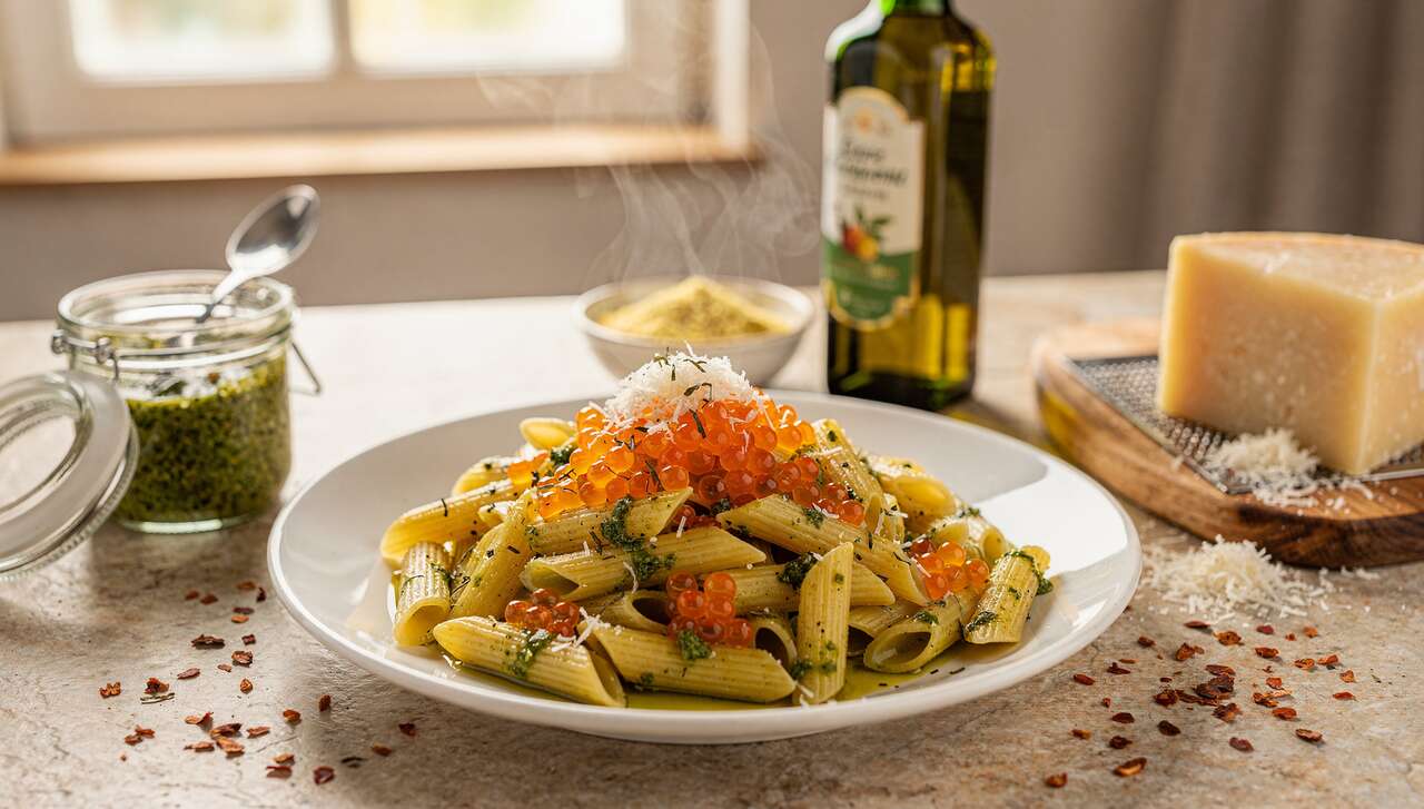 Recette de pennes au basilic et œufs de truite