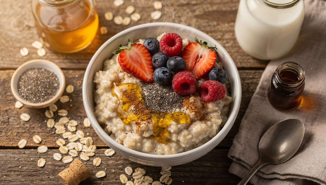 Porridge d'avoine sain : graines de chia, cannelle et baies fraîches