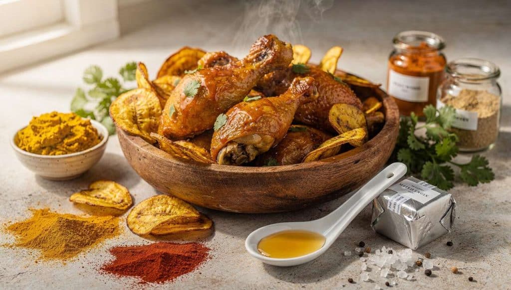 Poulet au lait de coco et bananes plantain : recette exotique savoureuse