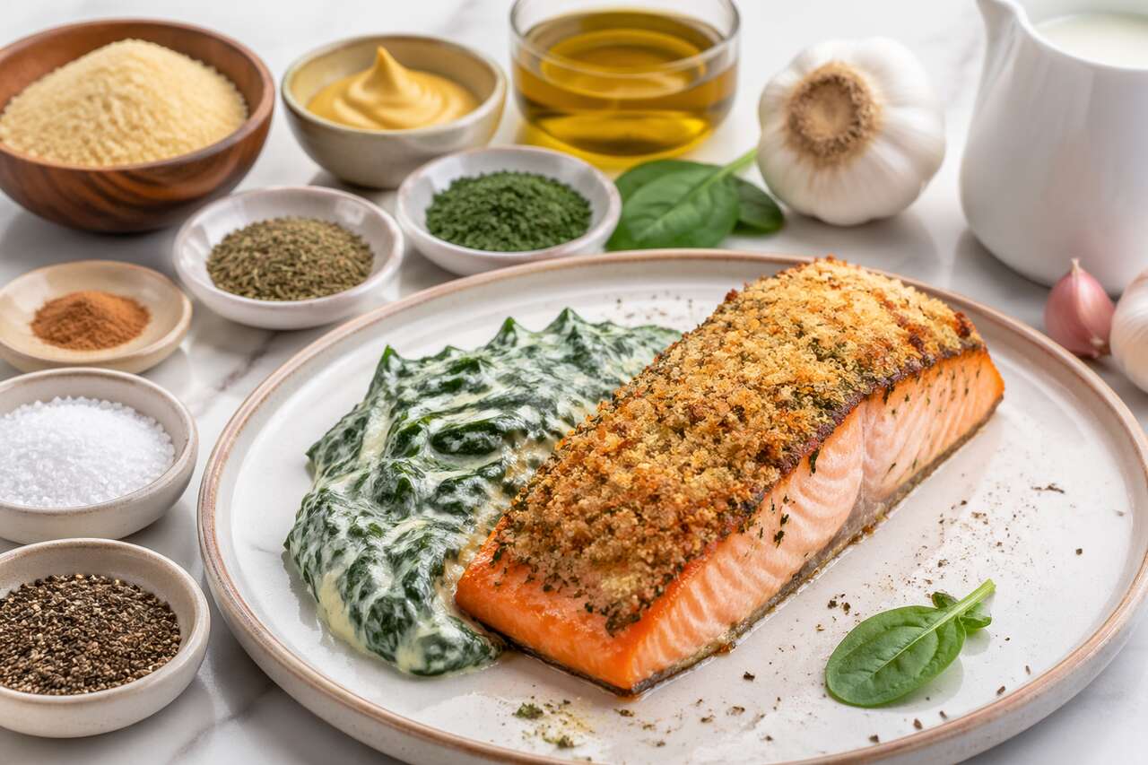 Saumon en croûte d'herbes et épinards à la crème