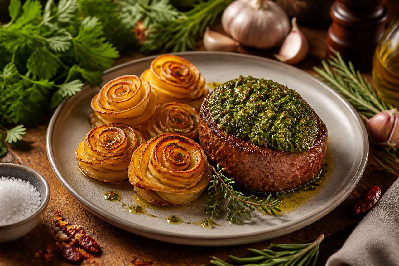 Filet de bœuf chimichurri et roses de pommes de terre par Cyril Lignac : recette savoureuse