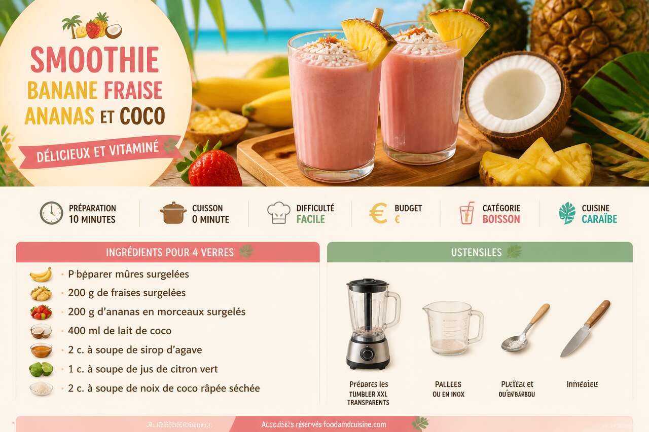 Fiche recette Smoothie banane fraise ananas et coco : recette d&eacute;licieuse