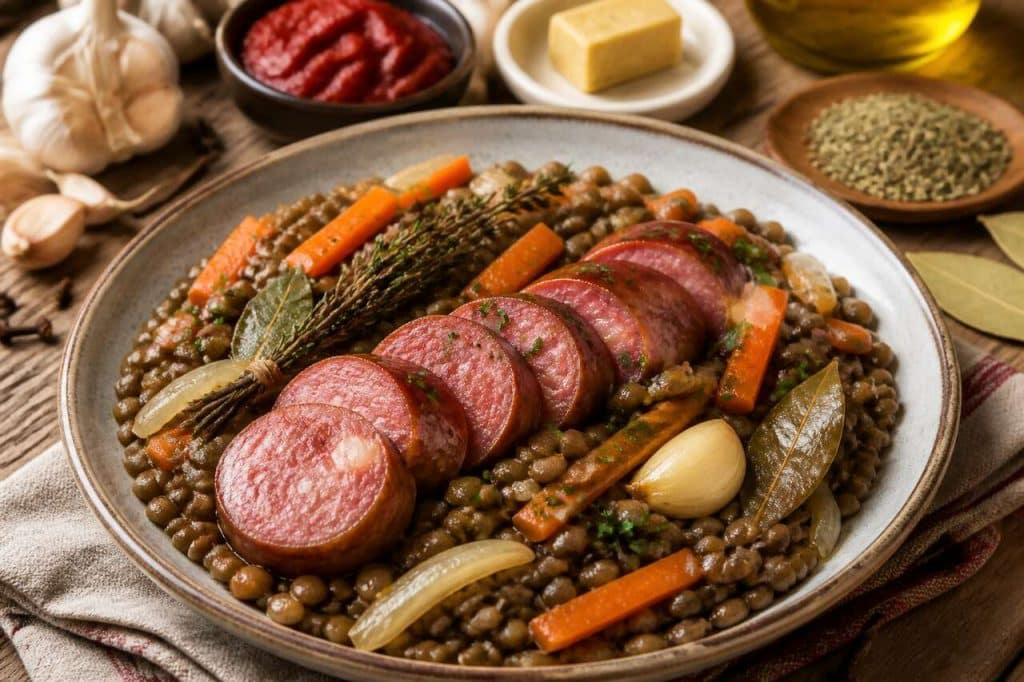 Recette de saucisses aux lentilles de Paulette