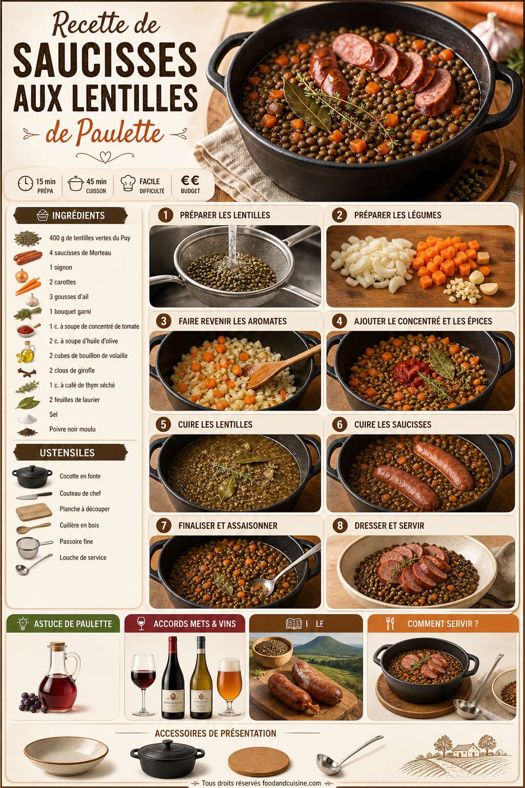 Fiche recette Recette de saucisses aux lentilles de Paulette