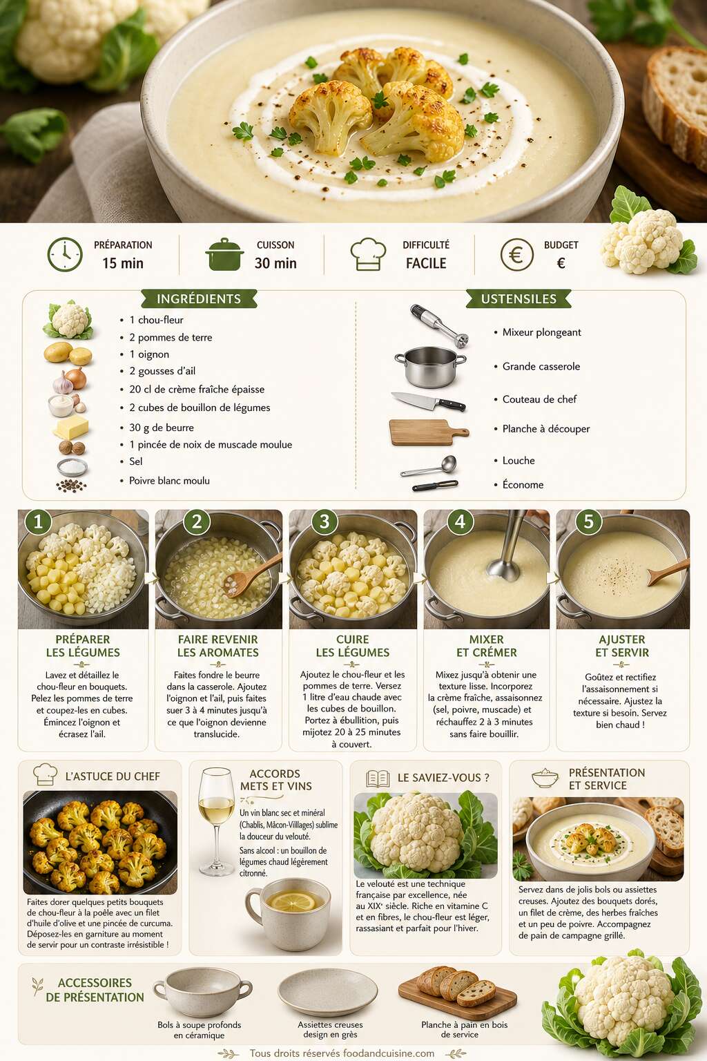 Fiche recette Velout&eacute; de chou-fleur cr&eacute;meux : recette facile et savoureuse