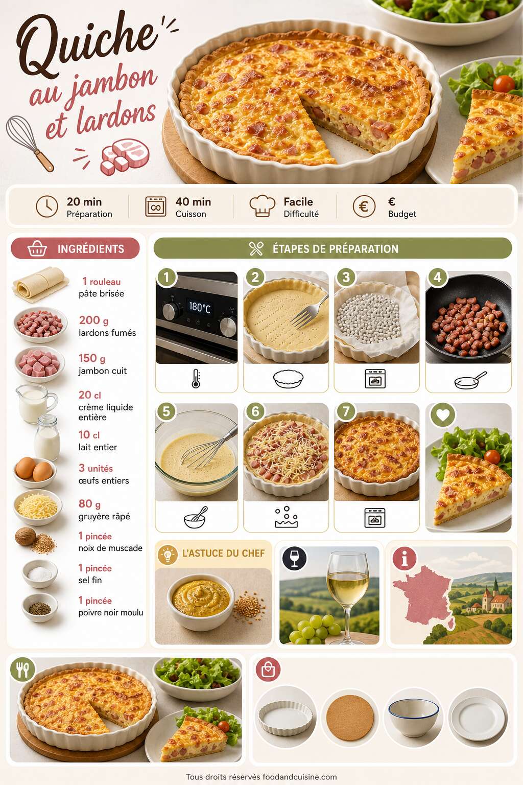 Fiche recette Recette savoureuse : quiche au jambon et lardons