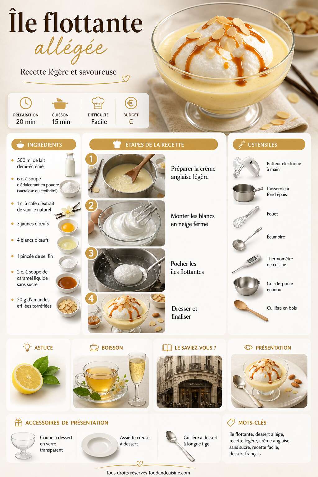 Fiche recette Ile flottante all&eacute;g&eacute;e : recette l&eacute;g&egrave;re et savoureuse