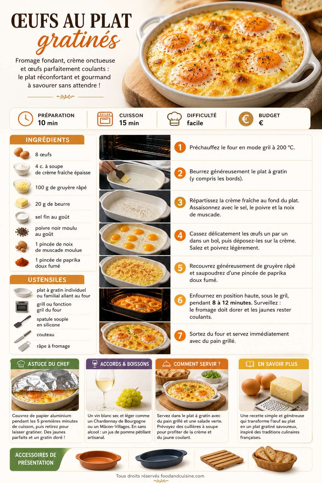 Fiche recette Oeufs au plat gratin&eacute;s : recette gourmande et facile
