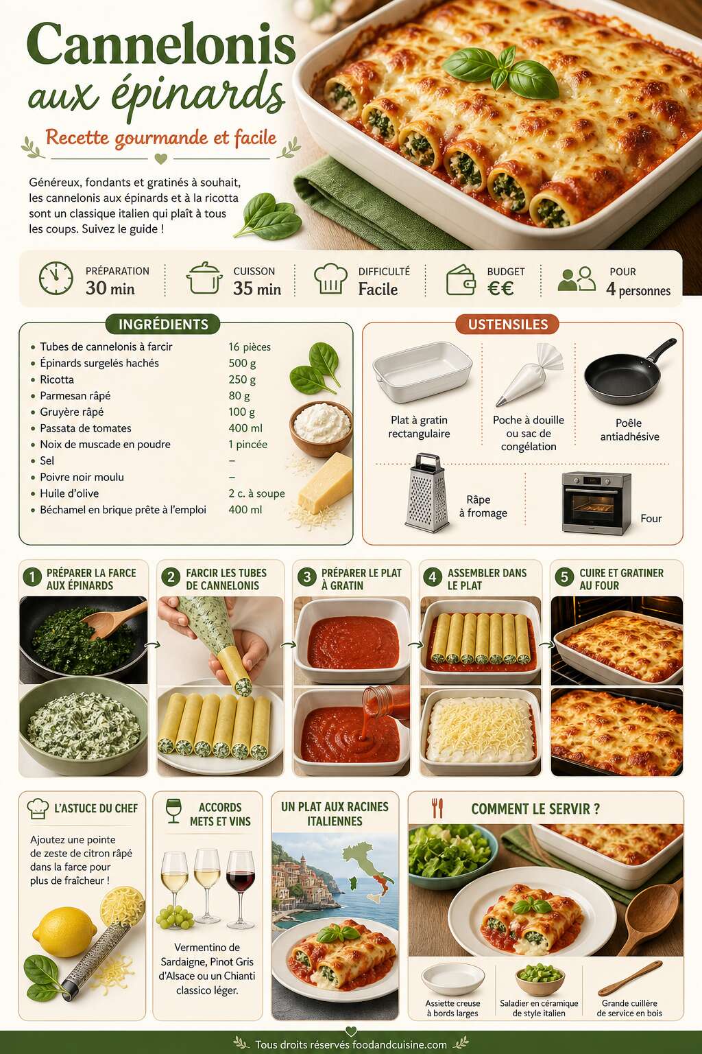 Fiche recette Cannelonis aux épinards : recette gourmande et facile Fiche recette Cannelonis aux épinards : recette gourmande et facile