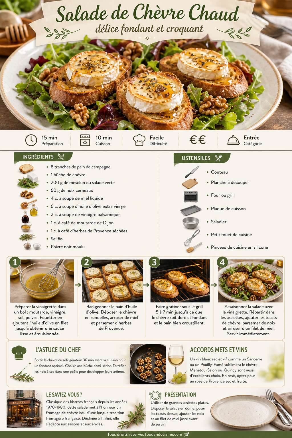 Fiche recette Recette Salade de Ch&egrave;vre Chaud : d&eacute;lice fondant et croquant