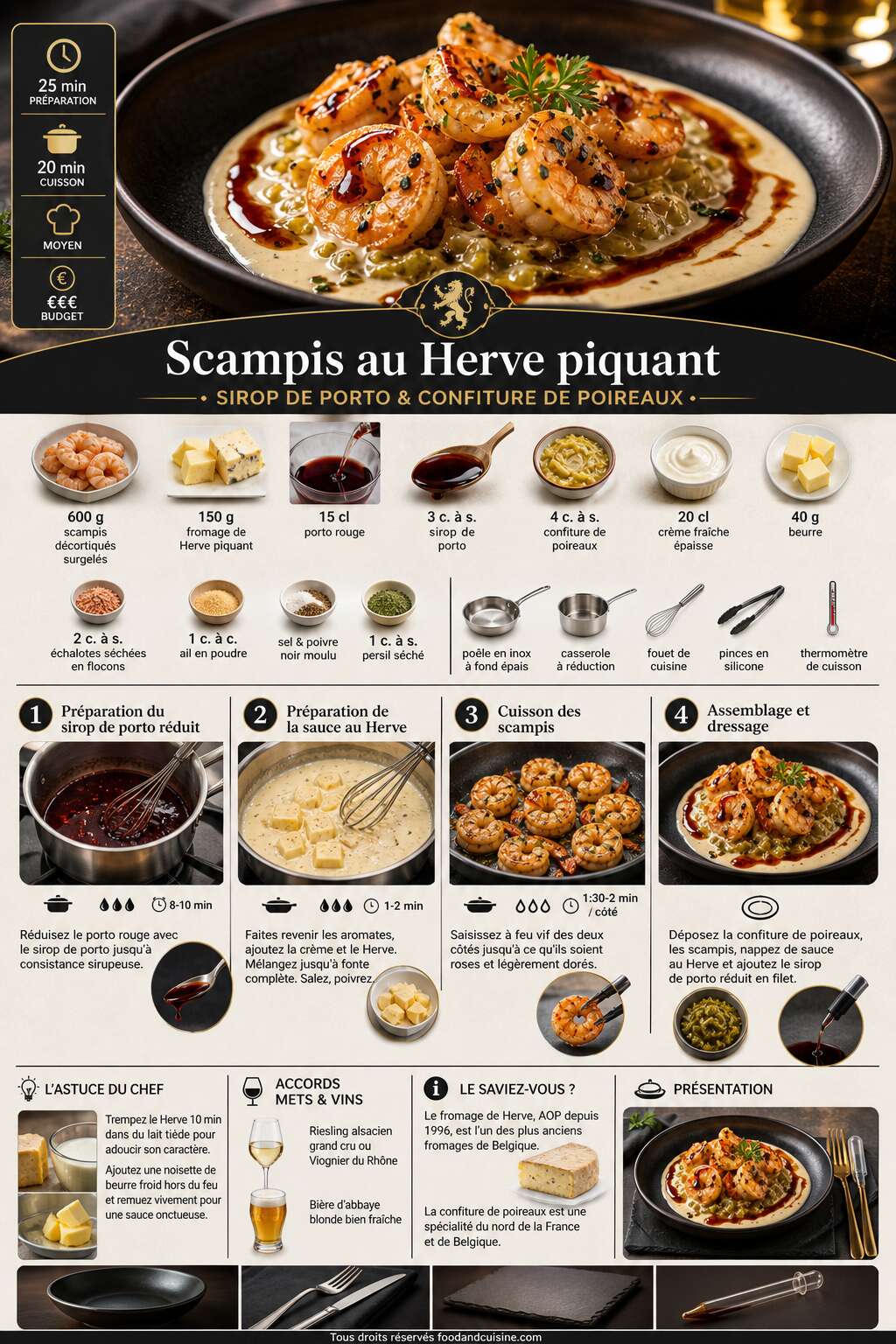 Fiche recette Scampis au Herve piquant : recette gourmande avec sirop de Porto et confiture de poireaux