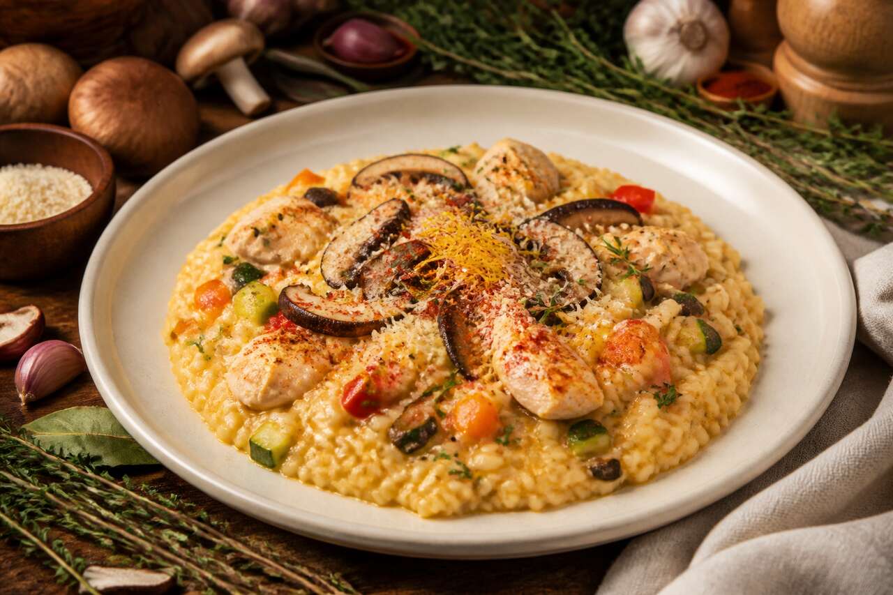 Risotto au poulet, légumes et champignons : recette gourmande