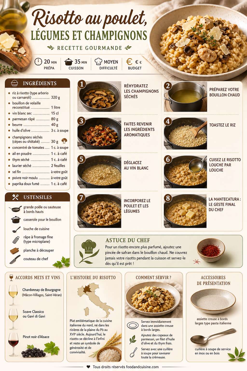 Fiche recette Risotto au poulet, l&eacute;gumes et champignons : recette gourmande