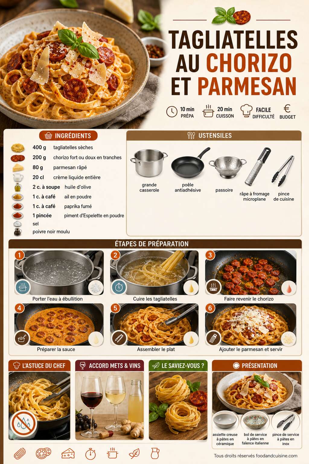 Fiche recette Tagliatelles au chorizo et parmesan : recette savoureuse