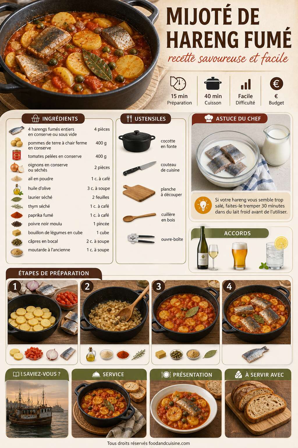 Fiche recette Mijot&eacute; de hareng fum&eacute; : recette savoureuse et facile