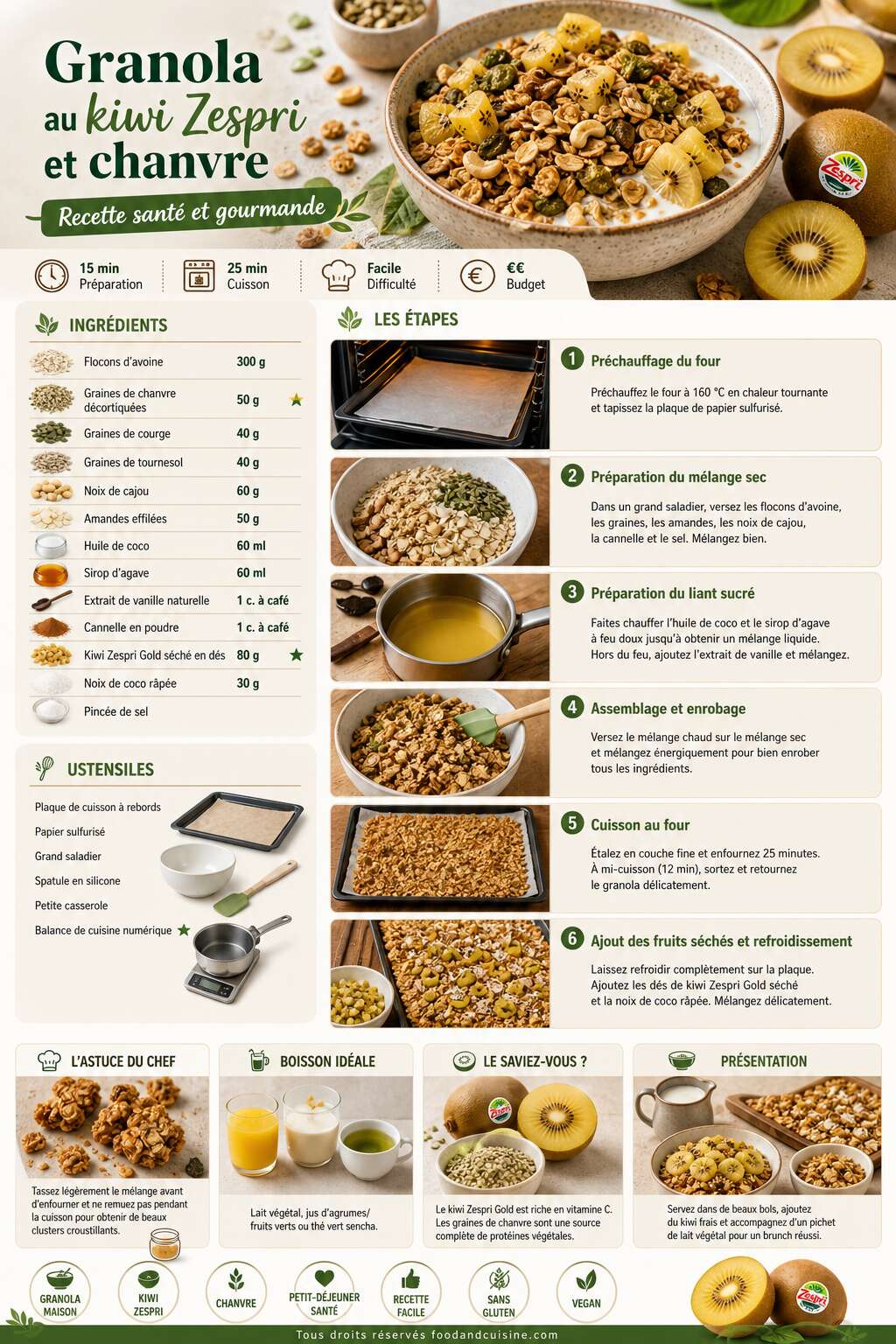 Fiche recette Granola au kiwi Zespri et chanvre : recette sant&eacute; et gourmande