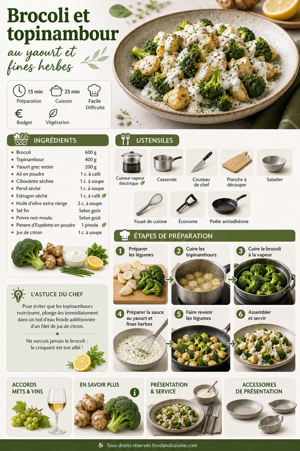 Fiche recette Brocoli et topinambour au yaourt et fines herbes : recette savoureuse Fiche recette Brocoli et topinambour au yaourt et fines herbes : recette savoureuse