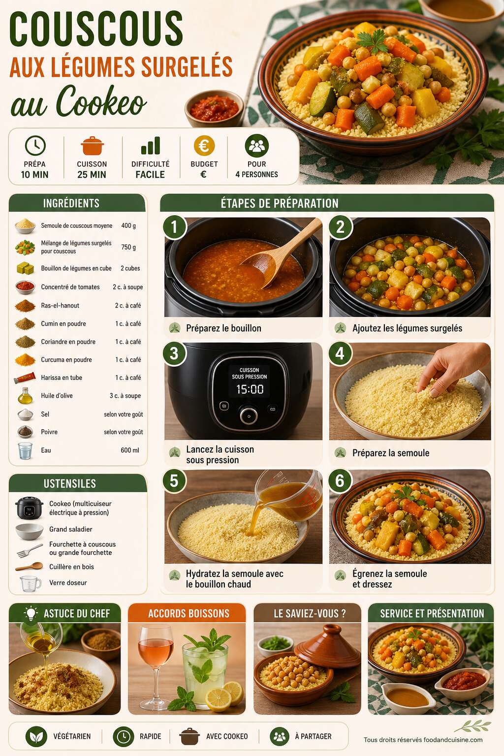 Fiche recette Couscous aux l&eacute;gumes surgel&eacute;s au Cookeo : recette facile et rapide