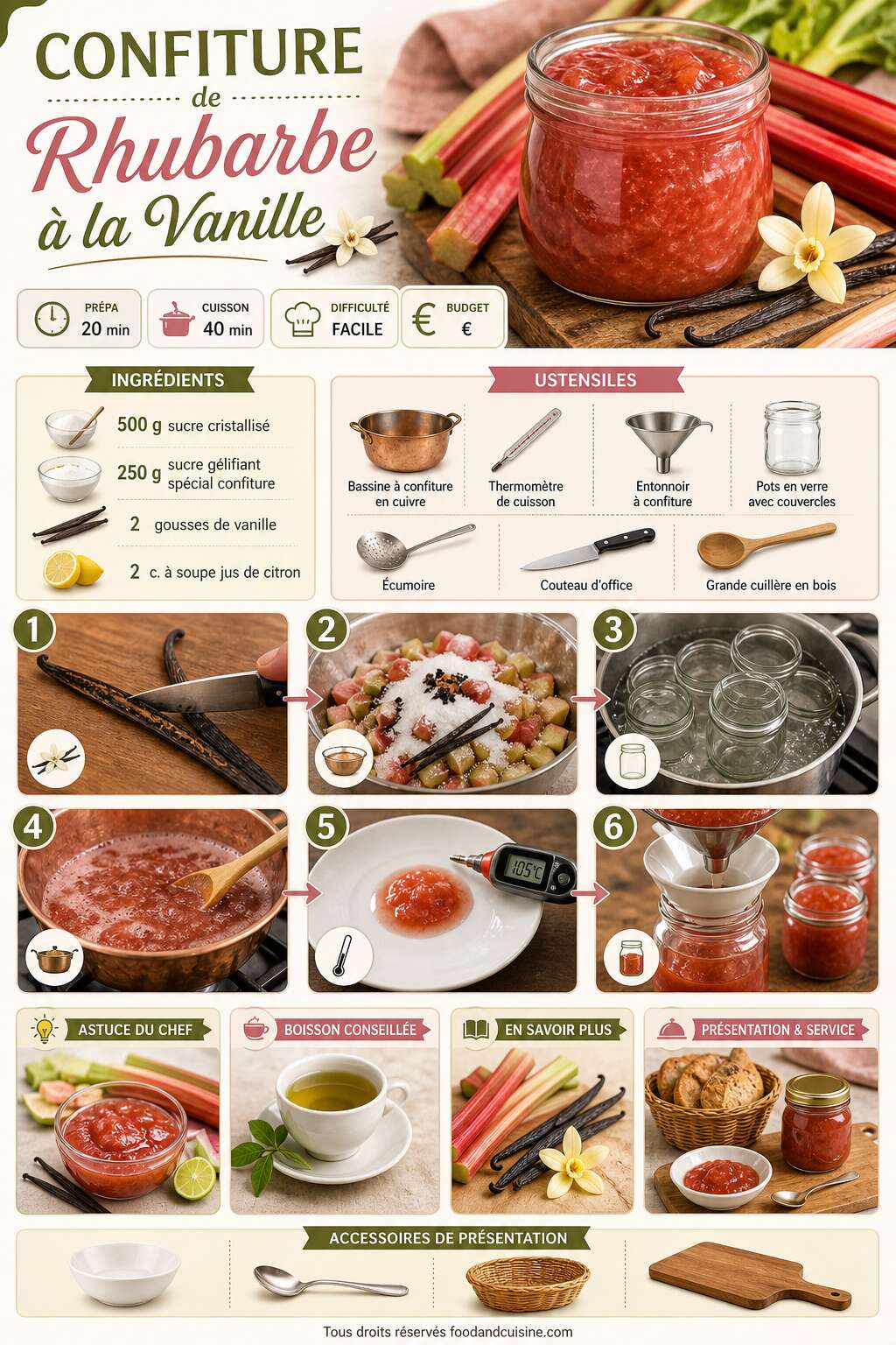 Fiche recette Recette de confiture de rhubarbe &agrave; la vanille