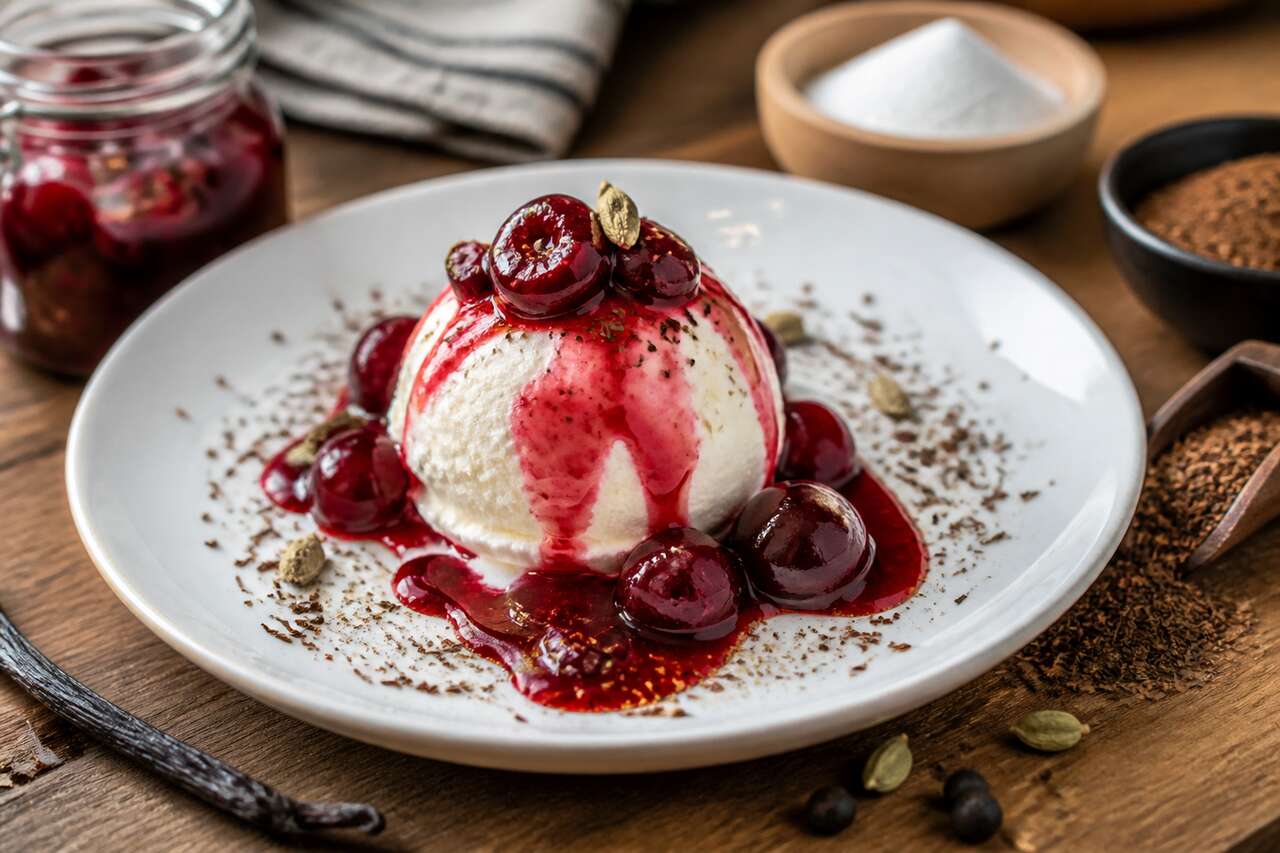 Recette de cerises au rooibos, sorbet au fromage blanc