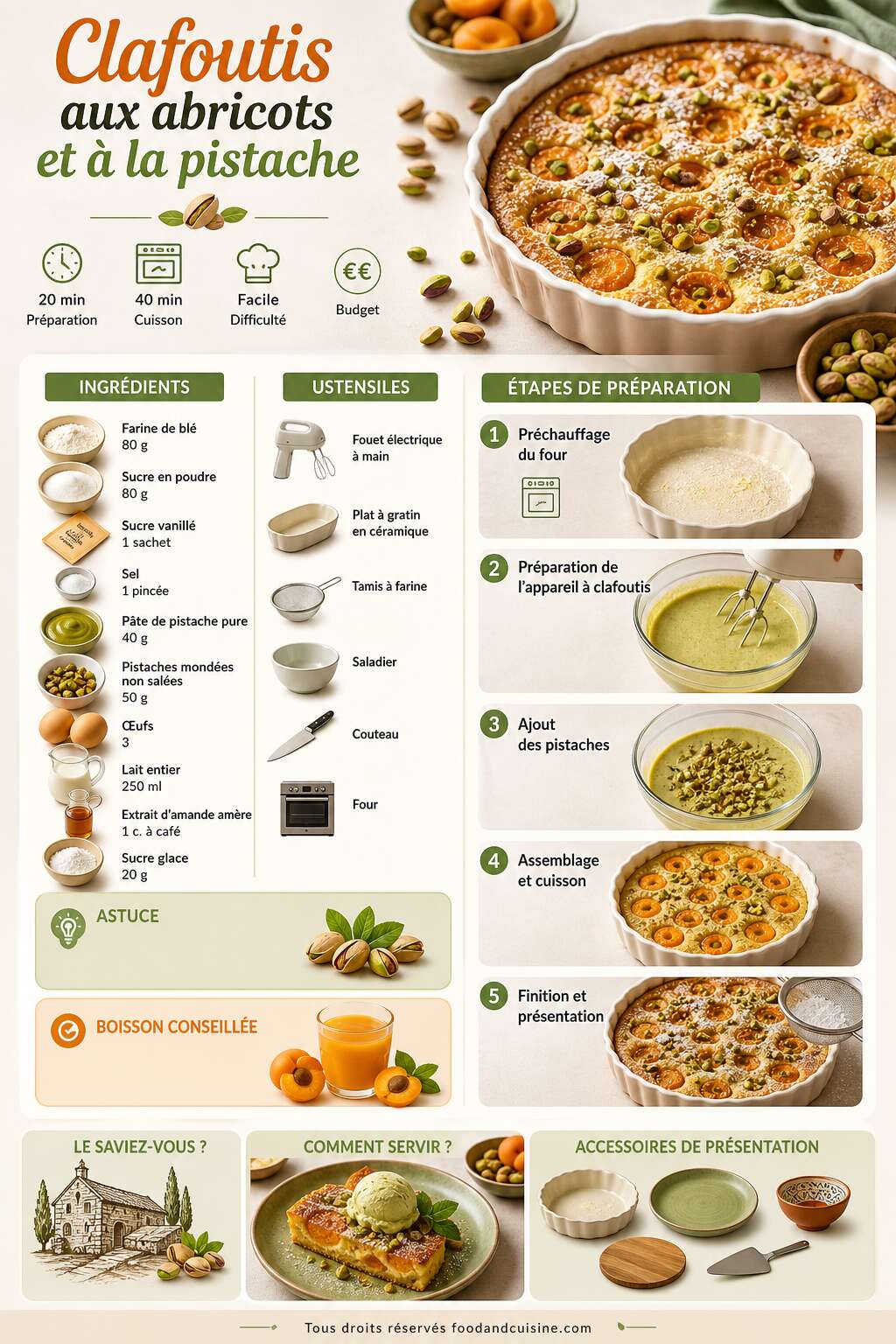 Fiche recette Recette du clafoutis aux abricots et à la pistache Fiche recette Recette du clafoutis aux abricots et à la pistache