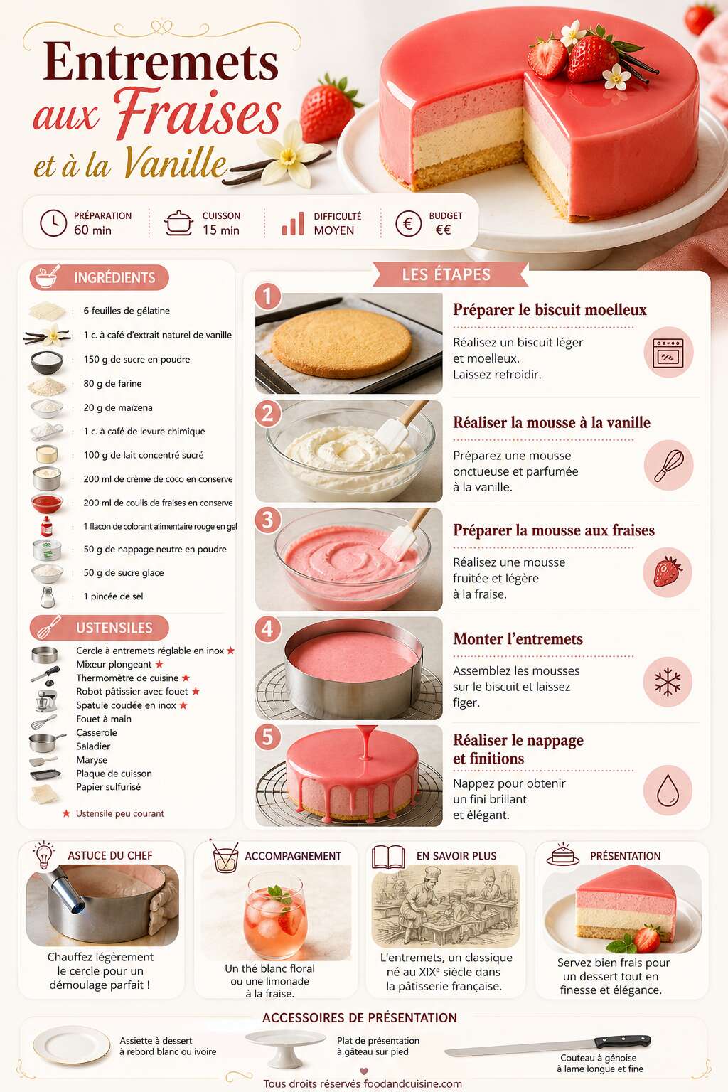Fiche recette Recette d'entremets aux fraises et &agrave; la vanille