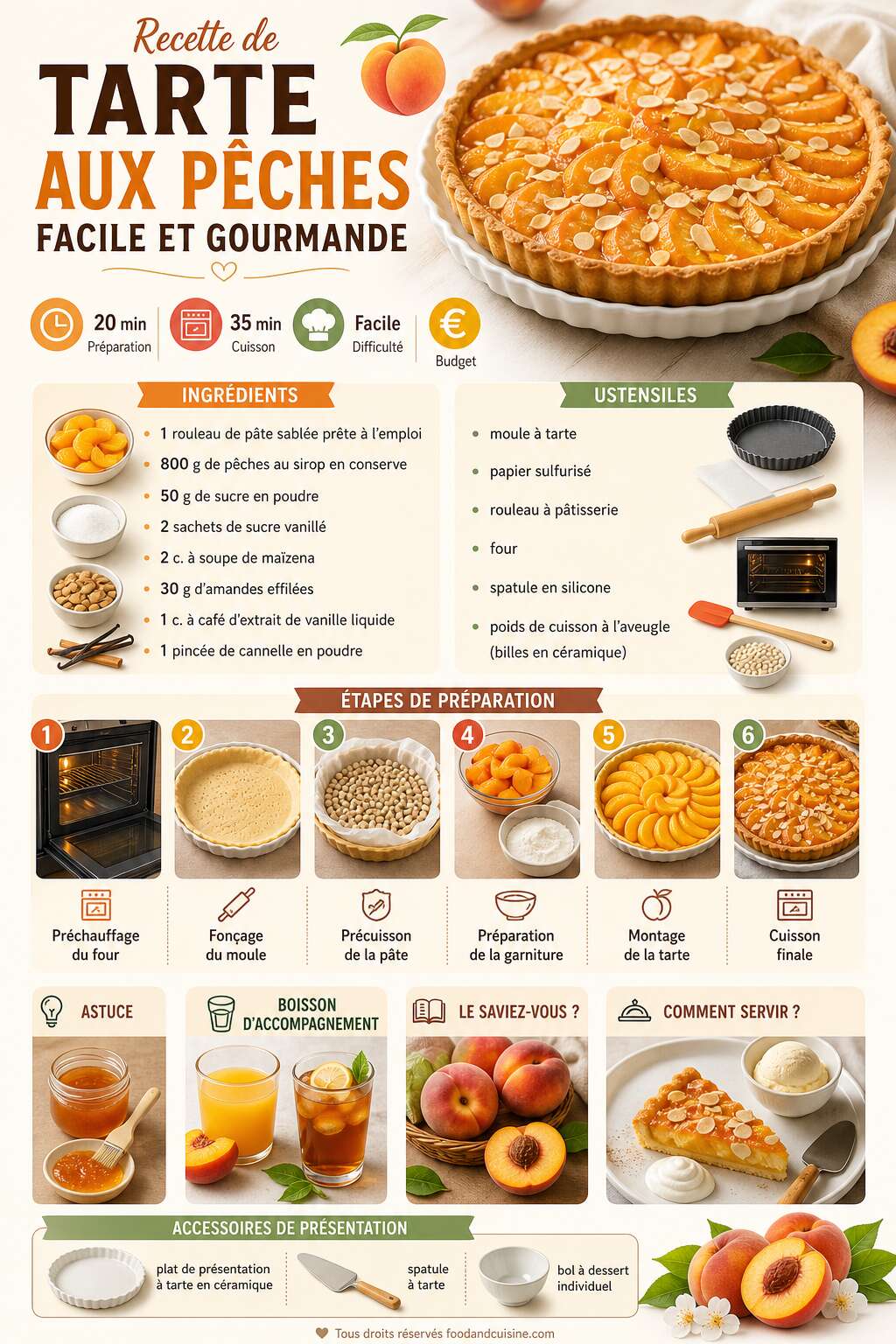 Fiche recette Recette de tarte aux p&ecirc;ches facile et gourmande