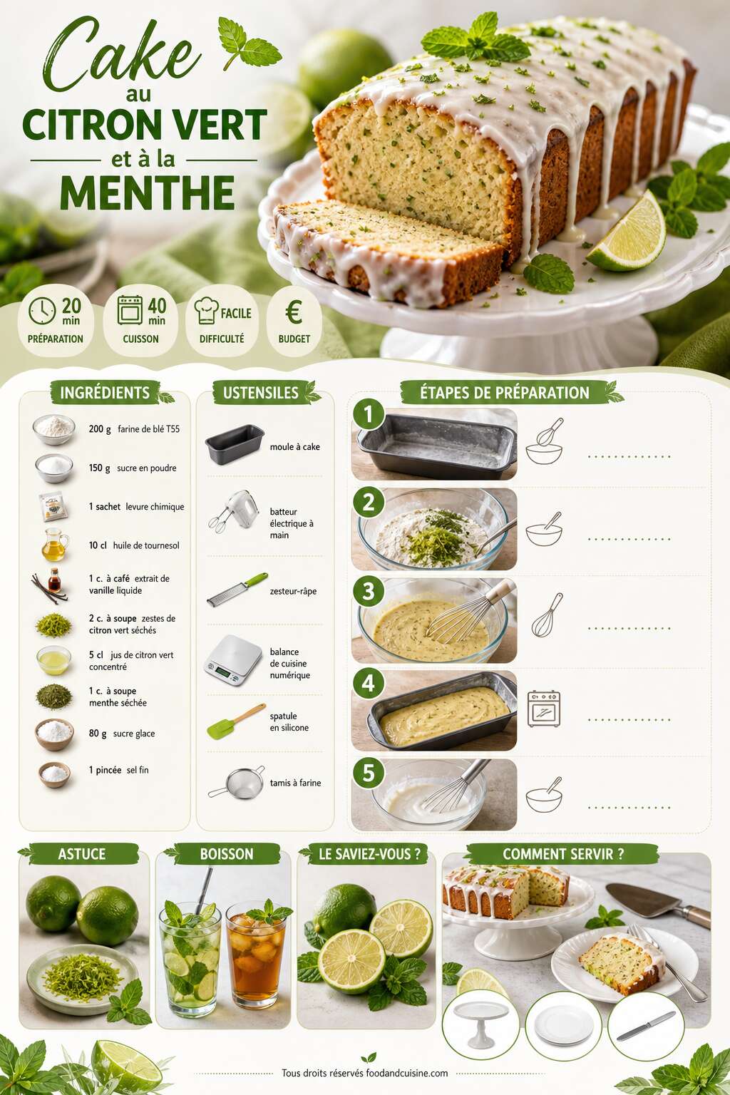 Fiche recette Recette du cake au citron vert et à la menthe Fiche recette Recette du cake au citron vert et à la menthe