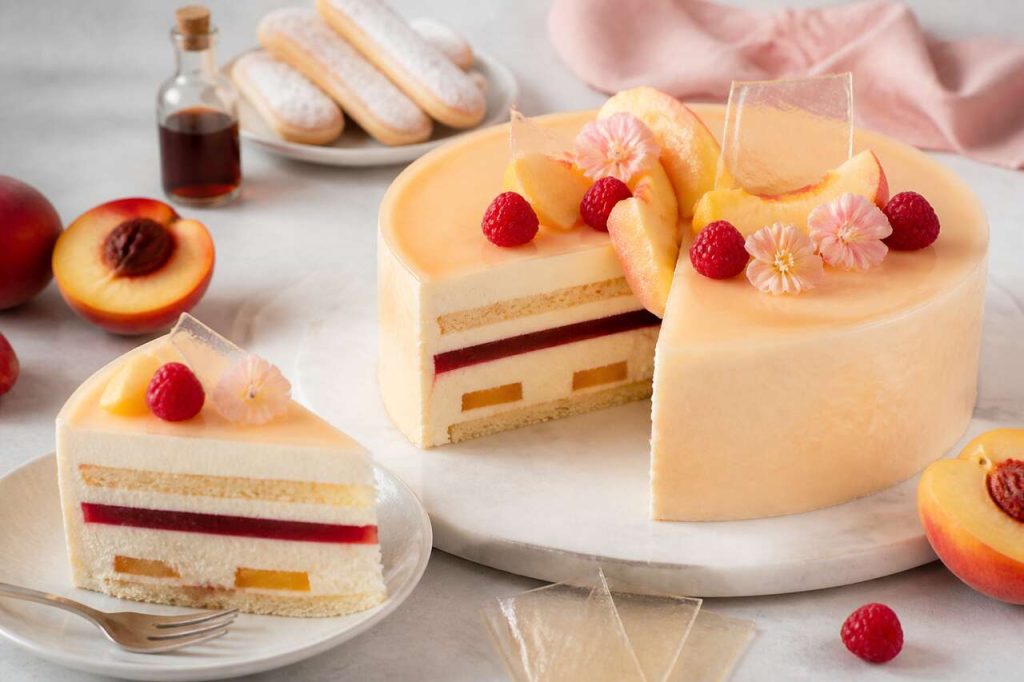 Recette d'entremets pêche Melba : pêche, framboise et vanille