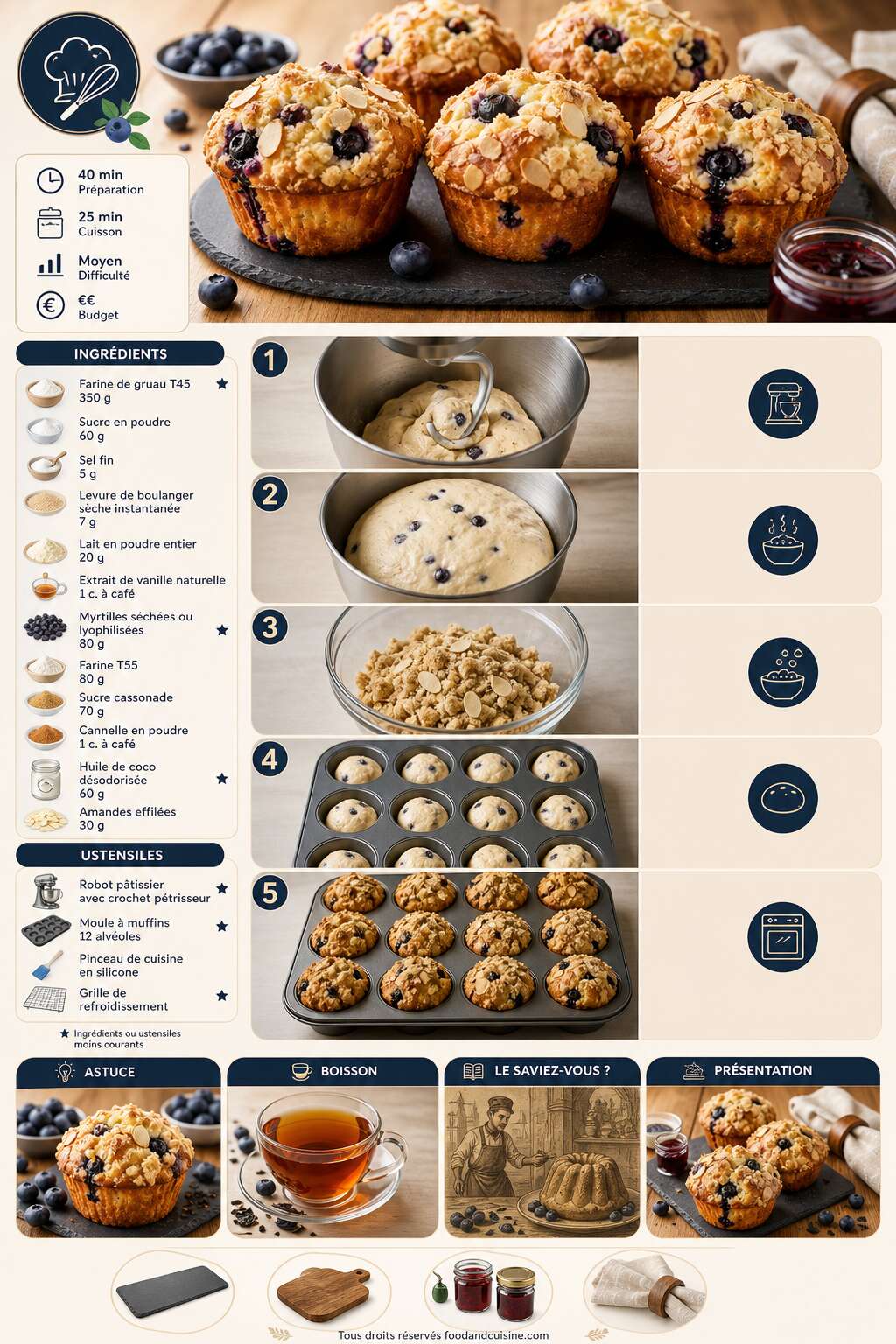 Fiche recette Recette de brioches au streusel et aux myrtilles