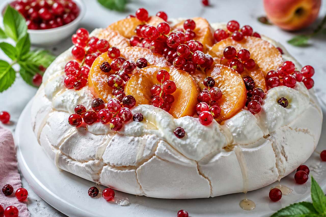 Recette de pavlova aux groseilles, pêches et verveine citronnelle