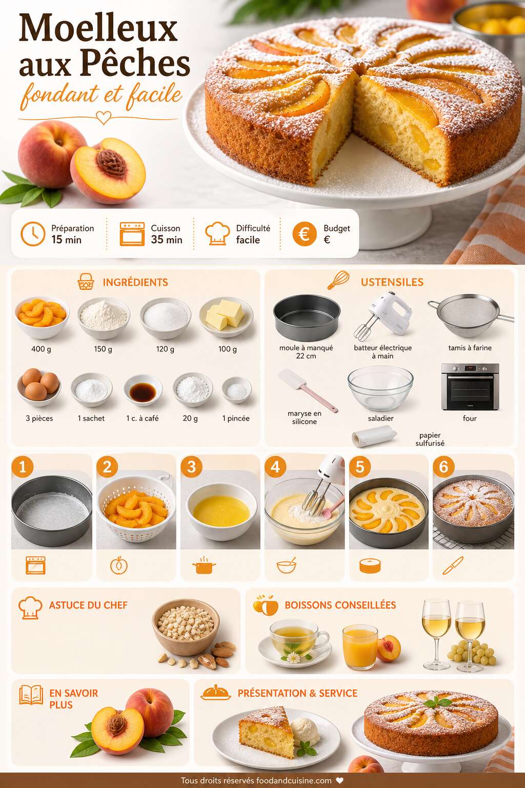 Fiche recette Recette du moelleux aux p&ecirc;ches fondant et facile