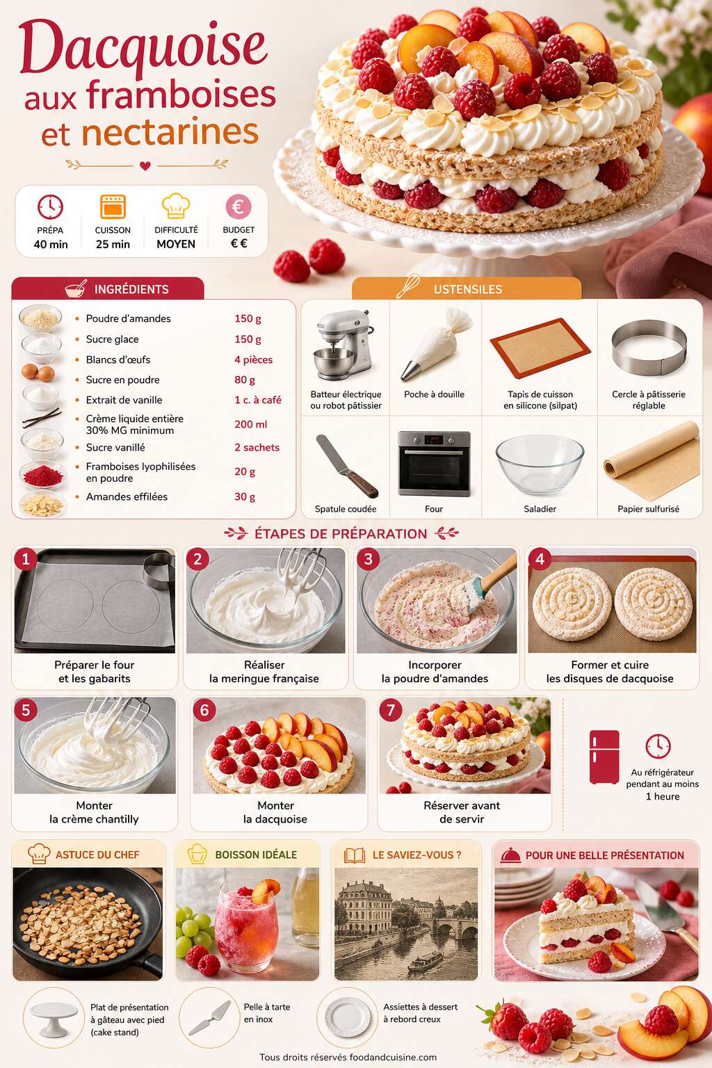 Fiche recette Recette de dacquoises aux framboises et nectarines Fiche recette Recette de dacquoises aux framboises et nectarines