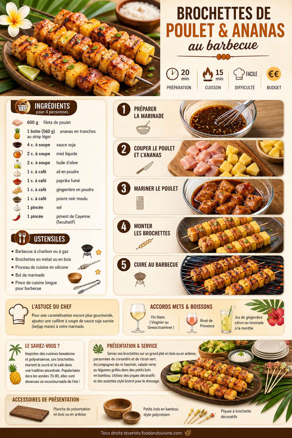 Fiche recette Brochettes de poulet et ananas au barbecue : recette savoureuse Fiche recette Brochettes de poulet et ananas au barbecue : recette savoureuse