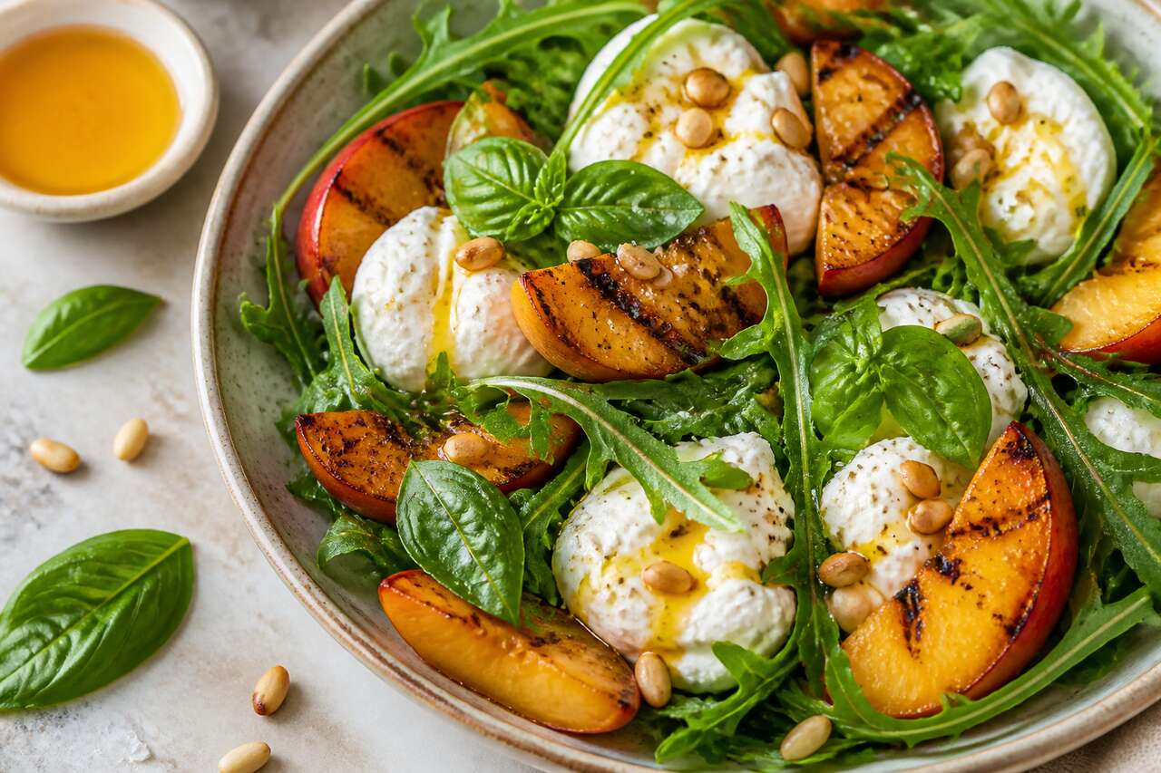 Salade de pêche et mozzarella : recette fraîche et savoureuse