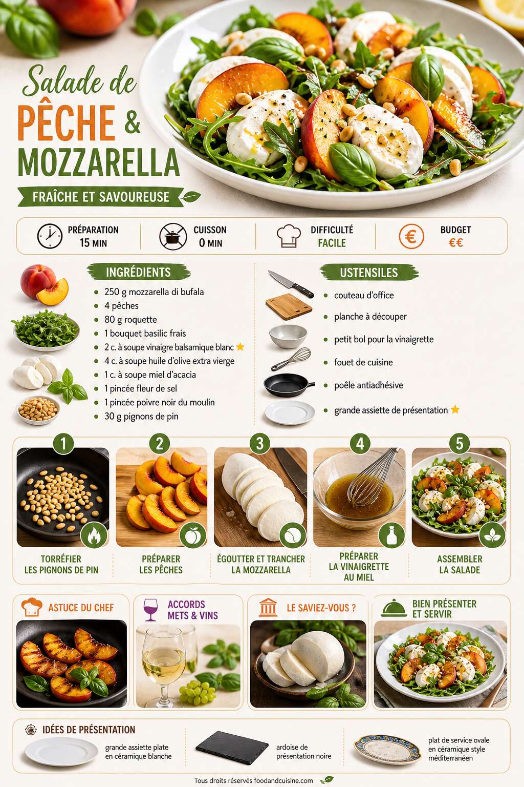 Fiche recette Salade de p&ecirc;che et mozzarella : recette fra&icirc;che et savoureuse