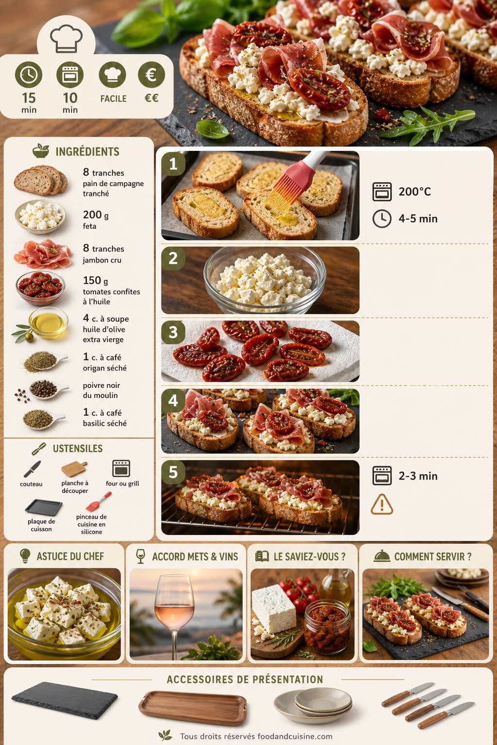 Fiche recette Toasts feta, jambon cru & tomates confites : recette maison