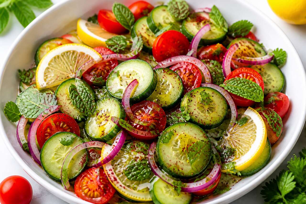 Salade fraîche de concombres et tomates au citron