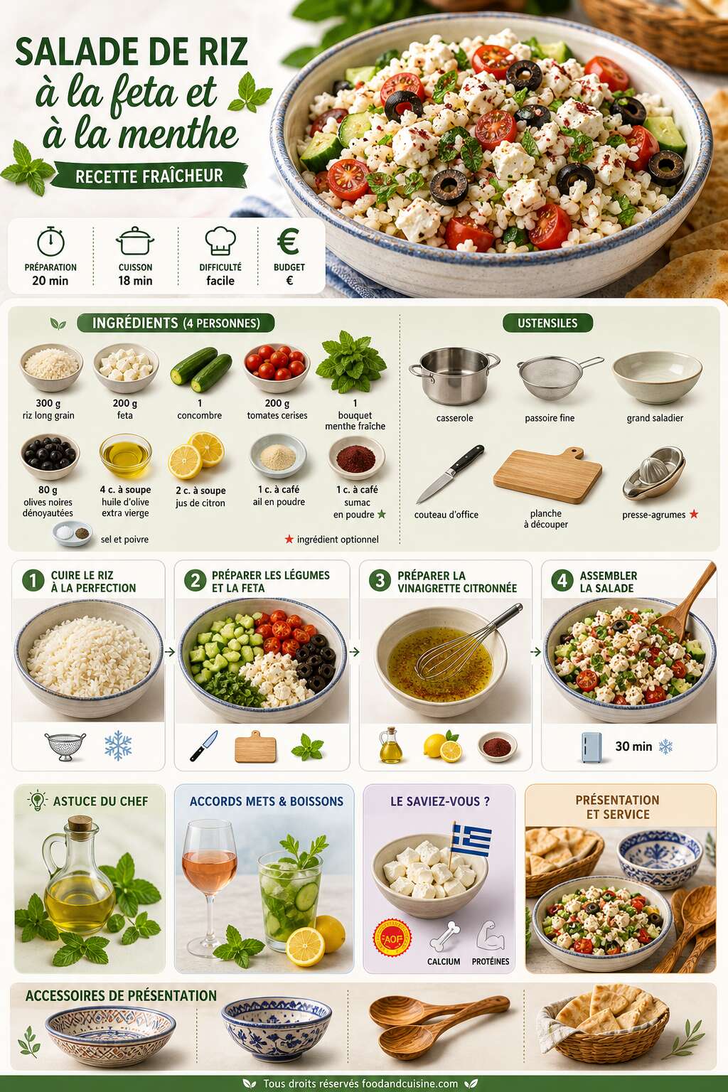 Fiche recette Salade de riz &agrave; la feta et &agrave; la menthe : recette fra&icirc;cheur