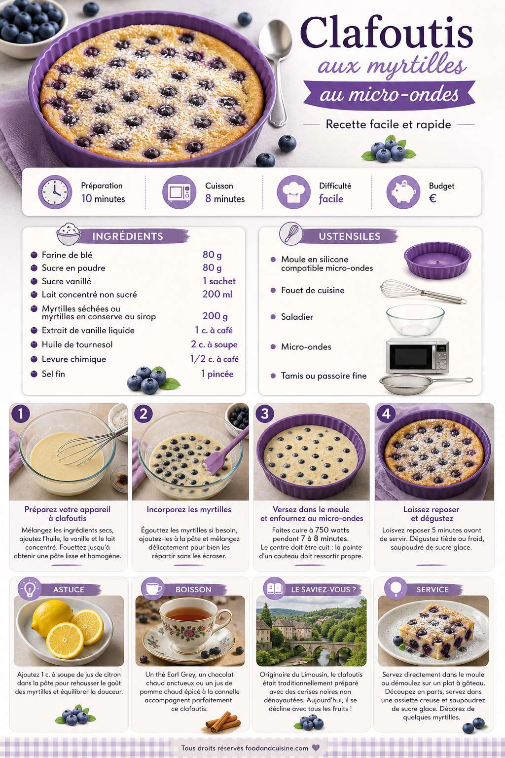 Fiche recette Clafoutis aux myrtilles au micro-ondes : recette facile et rapide Fiche recette Clafoutis aux myrtilles au micro-ondes : recette facile et rapide