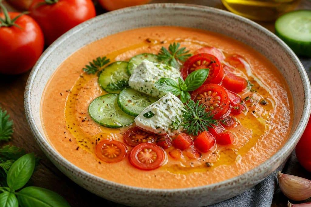 Gaspacho crémeux au Boursin ail et fines herbes : recette savoureuse