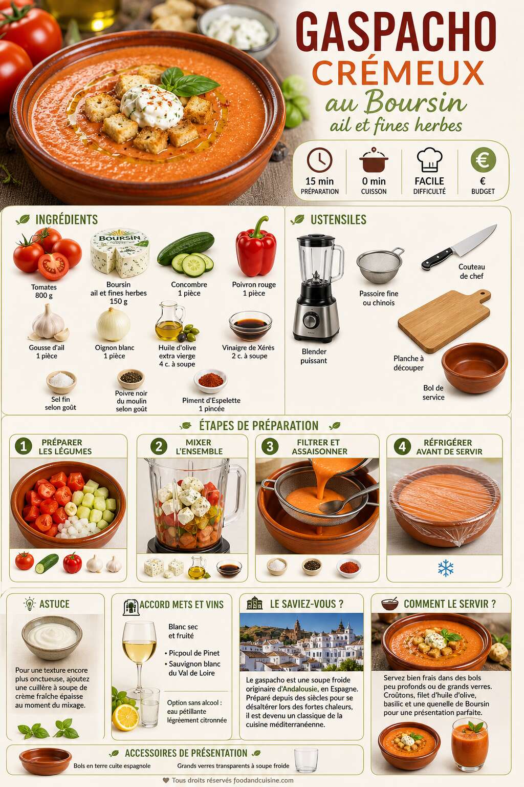 Fiche recette Gaspacho cr&eacute;meux au Boursin ail et fines herbes : recette savoureuse