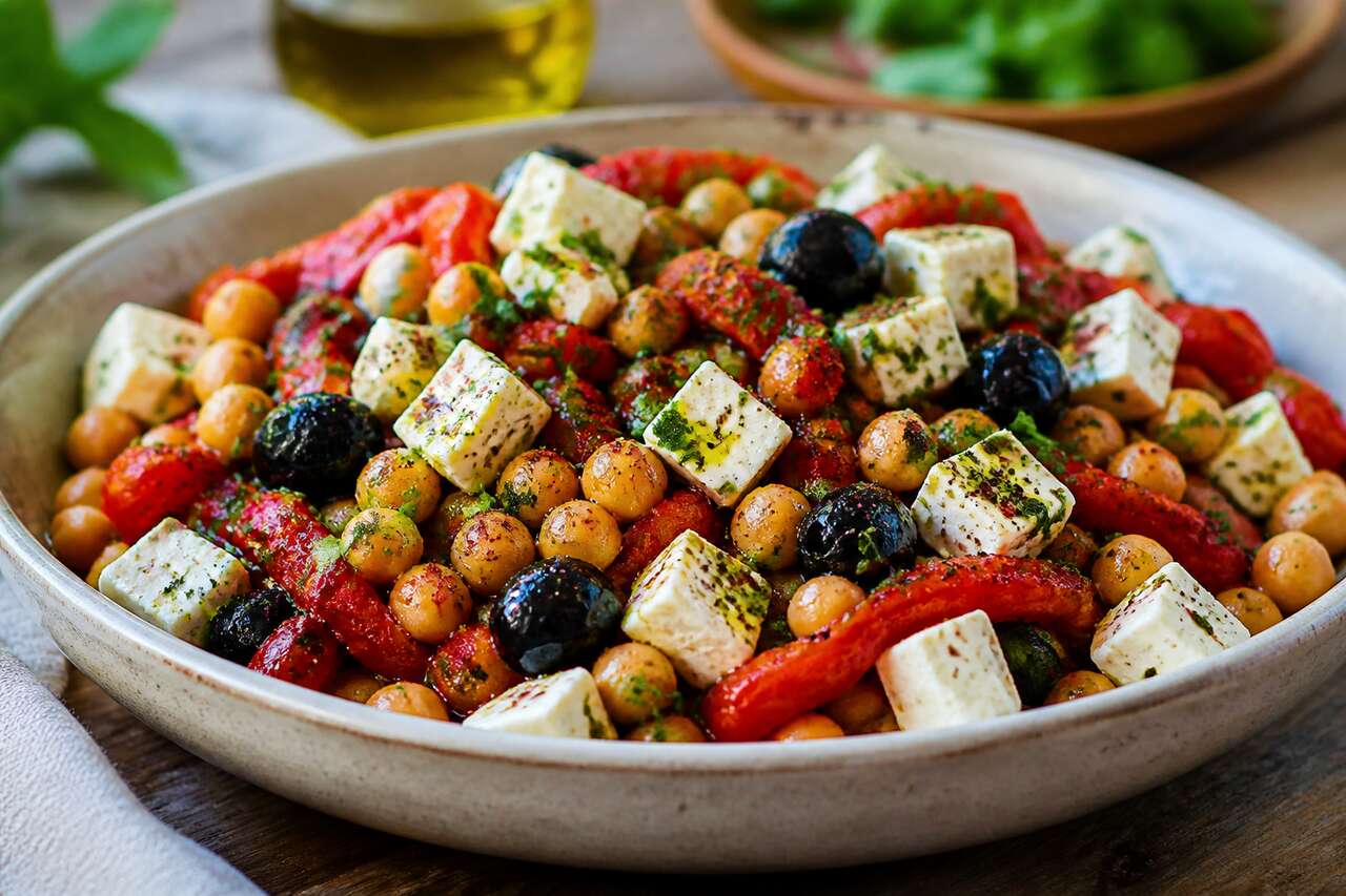 Salade d'été : pois chiches, poivrons et feta