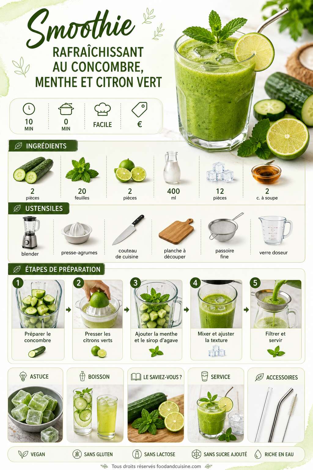 Fiche recette Smoothie rafra&icirc;chissant au concombre, menthe et citron vert