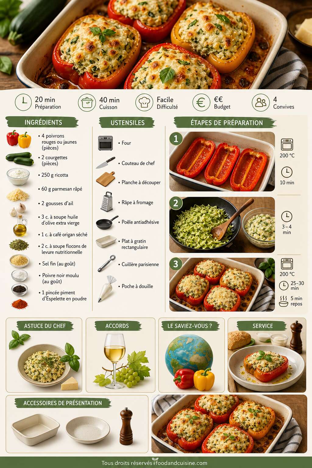 Fiche recette Poivrons farcis : courgette et ricotta savoureuses